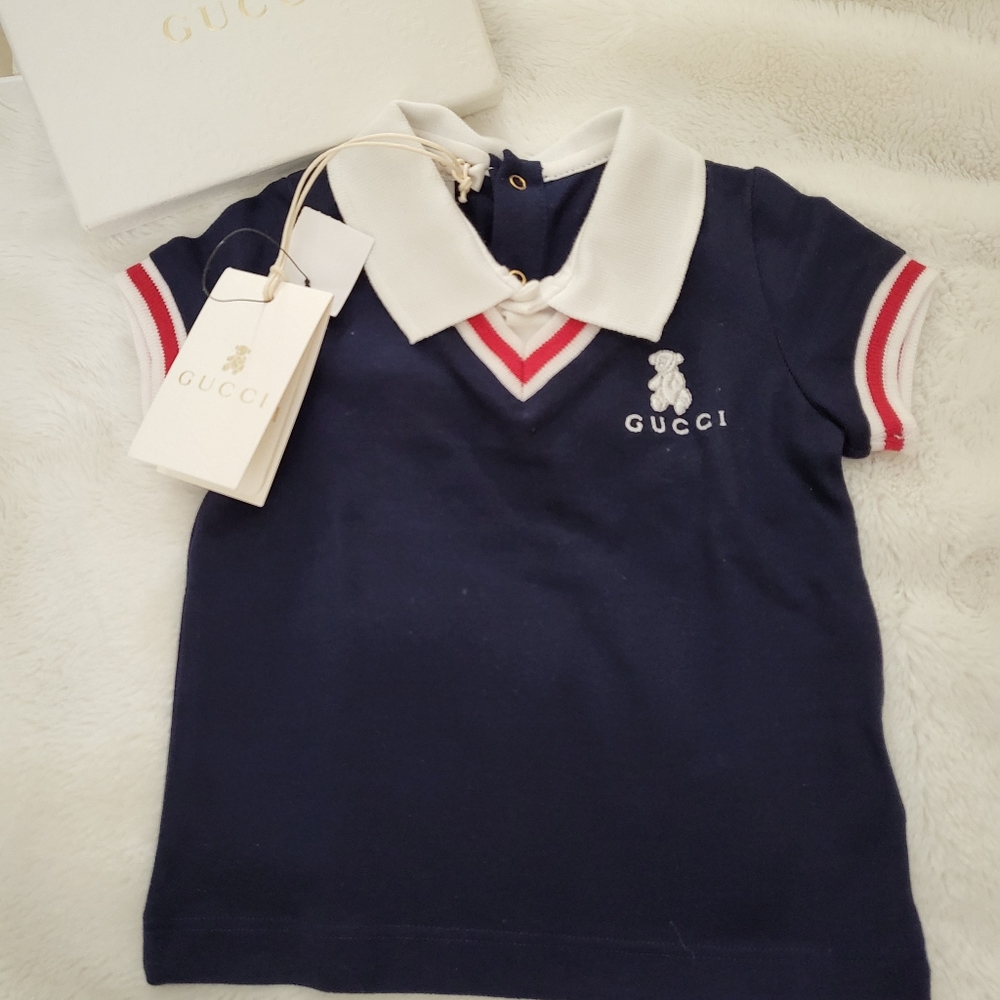 NWT Gucci Baby Collard Polo Shirt Blue and White (Sz 6-9 Months)